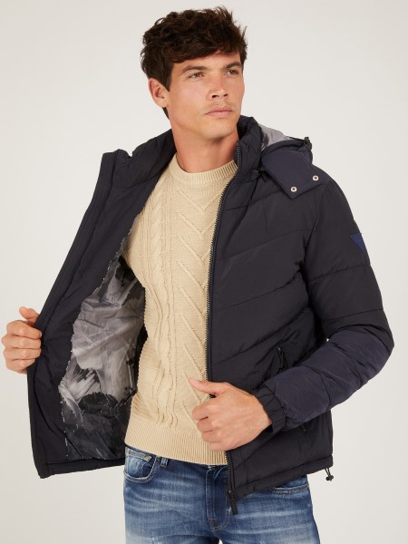 Kék Guess Párnázott Kabát Kapucnival