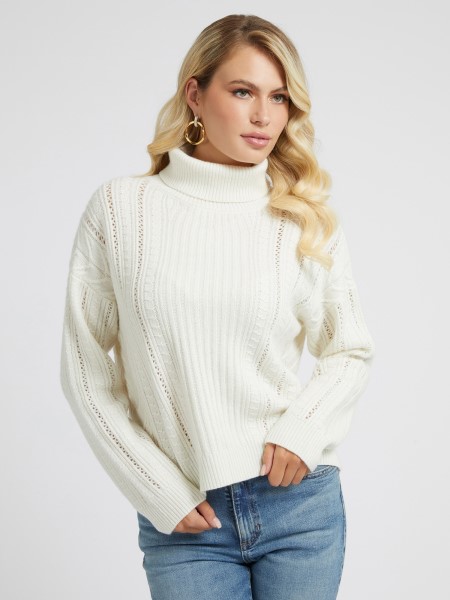 Kábel Kötött Gyapjúkeverék Pulóver Hiszem Fehér
