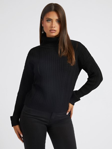 Fekete Guess Kábel Kötött Gyapjúkeverék Pulóver