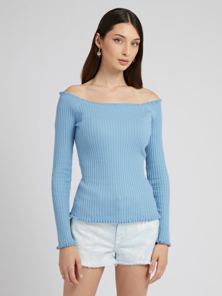 Világoskék Tipp Váll Nélküli Pulóver