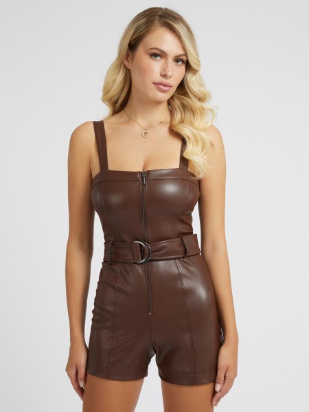 Hiszem Műbőr Rövid Jumpsuit Barna