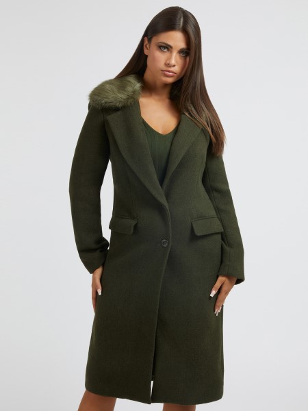 Zöld Guess Műszőrme Galléros Gyapjú Keverék Kabát