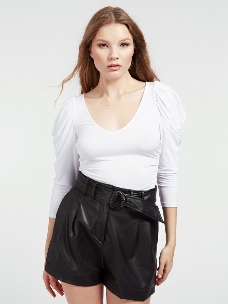 Fehér Hiszem Háromnegyed Ujjú Gyűjtött Vállak Felső