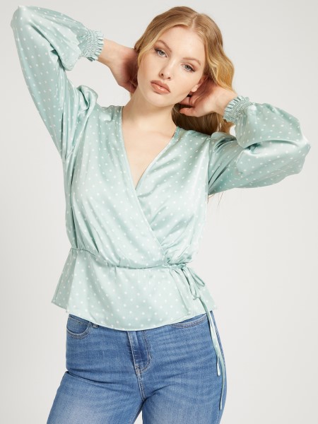 Kitalálni Pontok Nyomat Szatén Blúz Világoskék