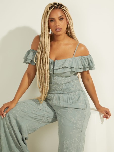 Zöld Tipp Hímzett Fodros Felső