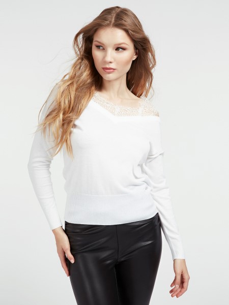 Kitalálni Vállról Csipke Részletek Pulóver Fehér
