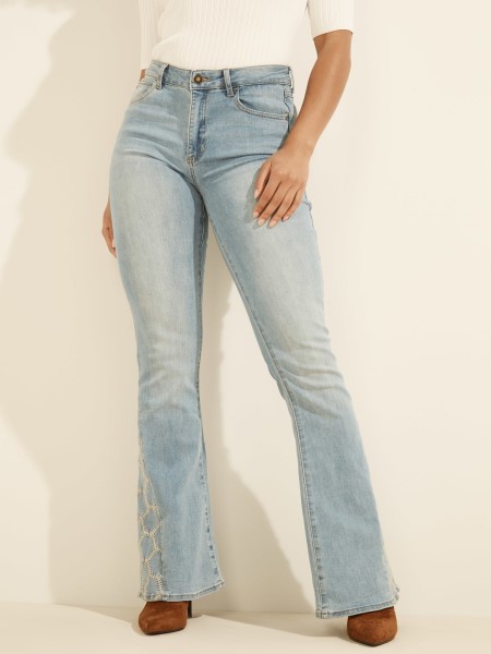 Kék Szabású és Flare Hímzett Farmer Nadrág Tip