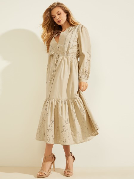 Hiszem Hímzés Pamut Hosszú Ruha Bézs