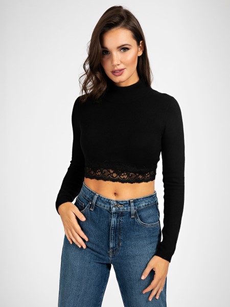 Hiszem Teknős Nyakú Csipke Részletek Pulóver Fekete