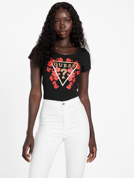 Koromfekete Guess Eco Tu Gyöngyös Logós Póló