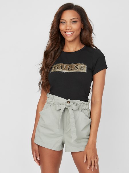 Koromfekete Acél Flitter és Strassz Póló