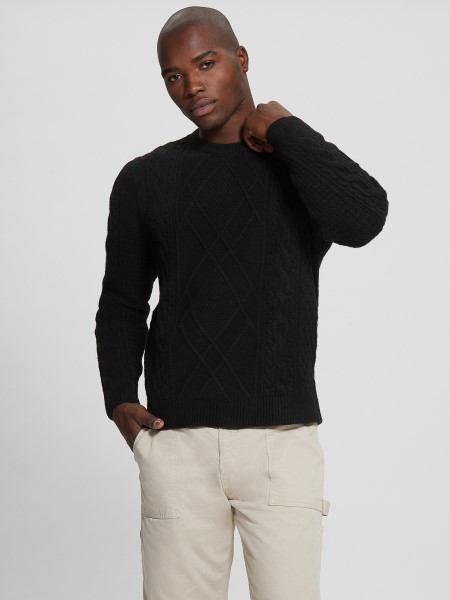 Koromfekete Guess Eco Kábel Kötésű Pulóver