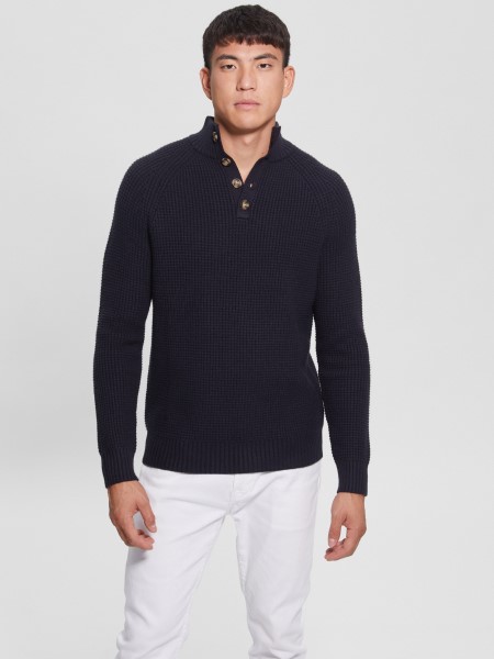 Kék Elegáns öko Gofri Kötött Pulóver Hiszem