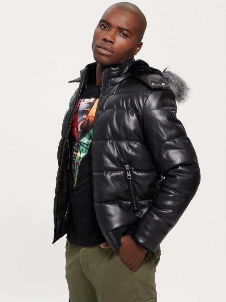 Hiszem Sztreccs Műbőr Pufferkabát Koromfekete