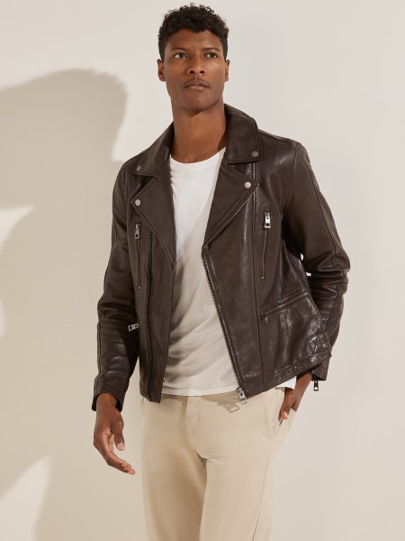 Csokoládé Brownie Guess Bőr Motoros Kabát