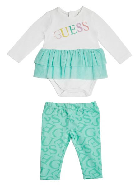 Guess Tiszta Fehér Fodros Body és Logós Leggings Szett (3-12m)