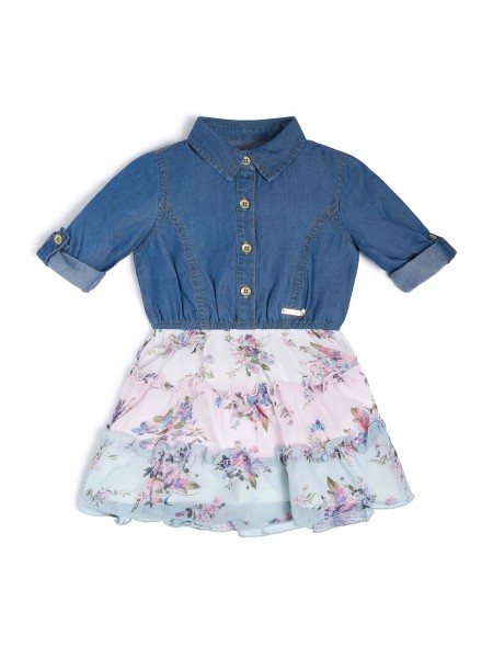 Hiszem Vintage Fényes Kék Countr Chambray és Sifon Vegyes Ruha (2-7)